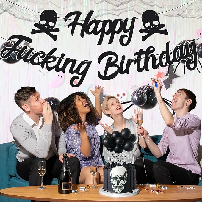 Gothic Happy Birthday Banner Decorations Funny Black Bunting Banner Skull Sign Theme Party Decor Adult Birthday for Decorations Supplies