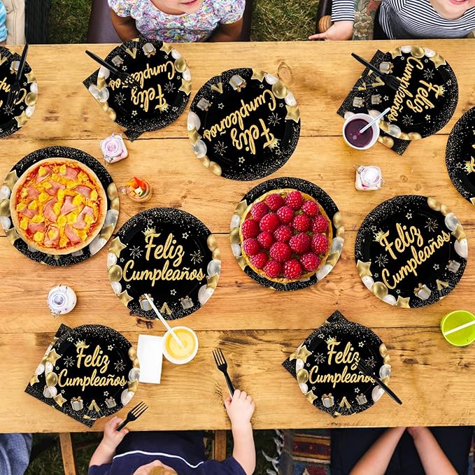 96Pcs Feliz Cumpleaños Decoration Black and Gold Plates and Napkins Mexican Fiesta Happy Birthday Tableware Set for Men Women Spanish Black and Gold Birthday Party Supplies, Serves 24