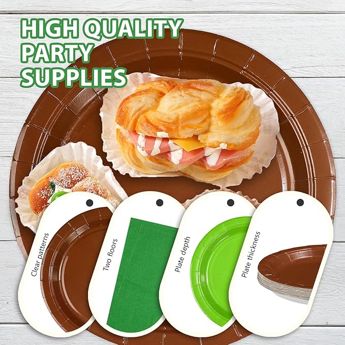 96Pcs Green and Brown Pixel Paper Plates Napkins and Forks Pixel Birthday Party Supplies Disposable Dessert Tableware Set for Video Game Party Decorations Serve 24