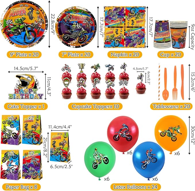 Dirt Bike Party Supplies, Includes Happy Birthday Banner, Plate, Napkin, Cups, Cake Toppers, Hanging Swirls, Tablecloth, for Kids Boys Girls Motorcycle Extreme Sports Birthday Decorations, Serve 20