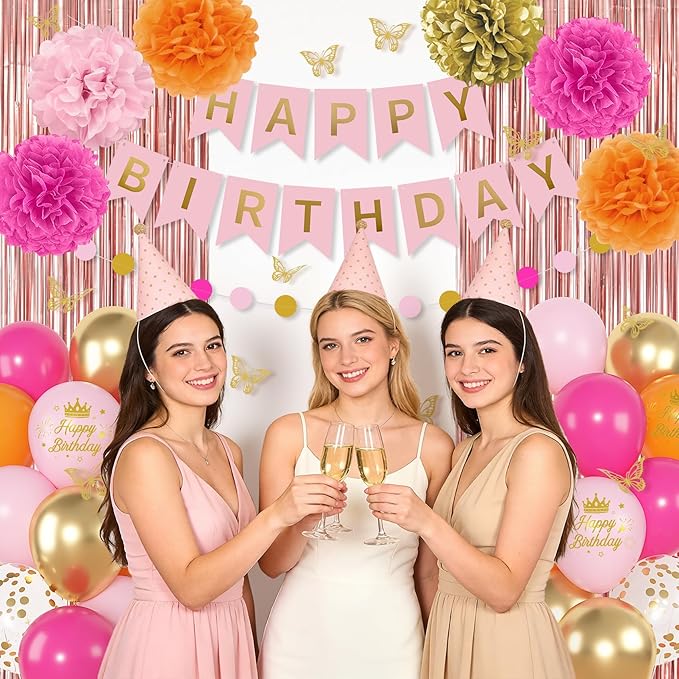 Hot Pink Orange Birthday Decorations for Women Girls, Peach Burnt Gold Metallic Confetti Printed Balloons Butterfly Stickers Fringe Curtain Happy Birthday Banner Circle Dot Paper Pompom Party Supplies