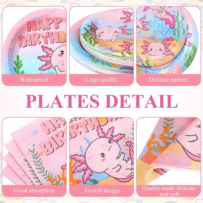 Zhehao 101 Pcs Axolotl Birthday Party Decorations Set for Girls, Pink Axolotl Reptile Animals Theme Party Supplies Includes 50 Paper Plates 50 Napkins 1 Tablecloth for Birthday Baby Shower
