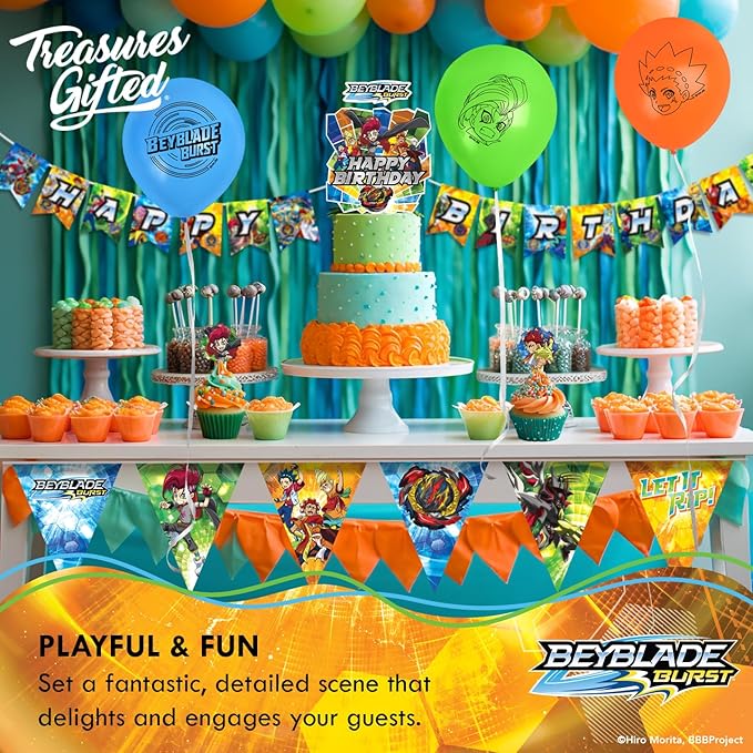 Officially Licensed BEYBLADE Banner Set - (1) Banner & (2) Triangle Pennants - BEYBLADE Birthday Party Supplies