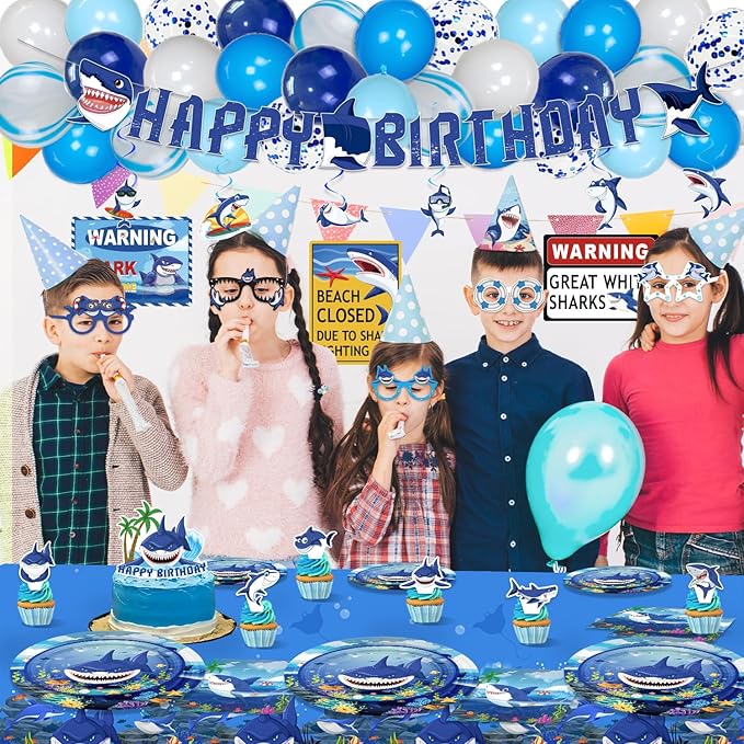Mpanwen Shark Party Supplies, 216Pcs Shark Themed Birthday Party Decorations Decor - Banner, Paper Glasses, Balloons, Cake Toppers, Plates, Tablecloth, Hanging Swirls, Wall Signs Serves 16 Guests