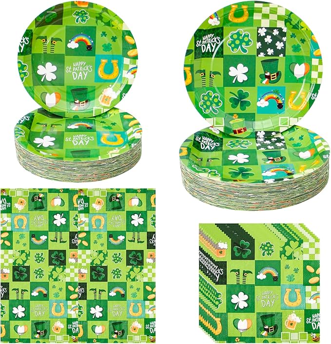 180Pcs St Patricks Day Party Supplies Paper Plates and Napkins Serve 60 Disposable Tableware Set for Birthday Party Decorations Game Day Family Holiday Sports Events