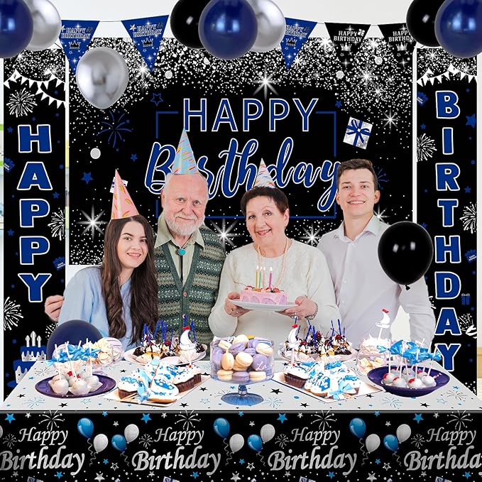 Black and Blue Birthday Decorations, 37 PCS Blue Silver Party Decorations for Boys Men Women Girls, Balloon Supplies with Happy Birthday Backdrop Banner Tablecloth Confetti Balloons Arch
