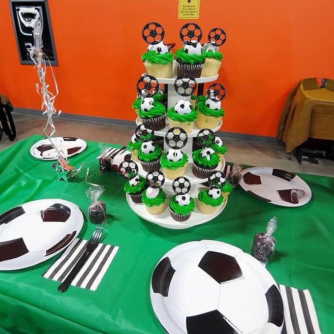 24Pcs Soccer Ball Cupcake Toppers Black Glitter Sports Theme Football Cupcake Food Picks Sport Balls Baby Shower Wedding Birthday Party Cake Decorations Supplies