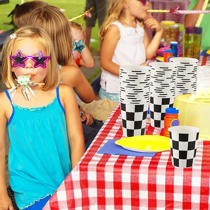 Cunhill 36 Pieces Checkered 9 oz Paper Flag Race Car Cups Party Supplies Black and White Cups Bulk Disposable Beverage for Checkered Themed Birthday Party Decorations