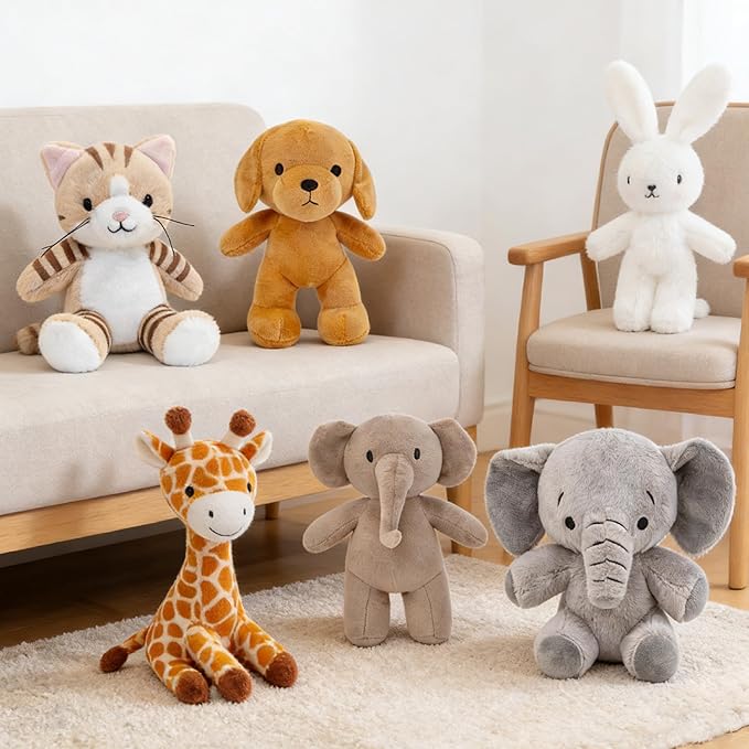 6 Pcs Stuffed Animals Bulk, 11 Inch Small Stuffed Safari Animals, Zoo Stuffed Animals Set (Cat Dog Elephants Giraffe Bunny) Baby Shower Party Decor, Easter Gift for Classroom Kids, Teens, Girls