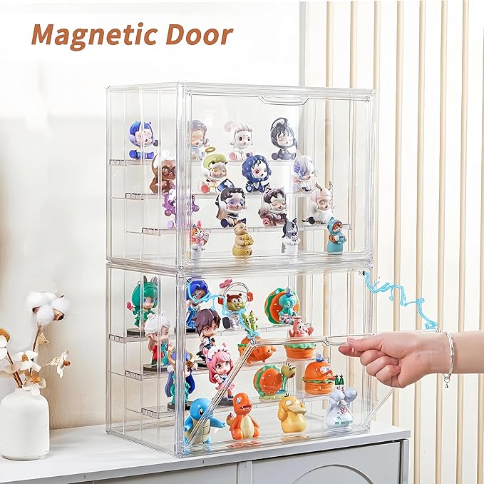 Clear Acrylic Display Case for Figures 4 Layer Figure Display Shelf with 3 Movable Plate Stackable Display Box with Magnetic Door for Collectibles 2 Pack