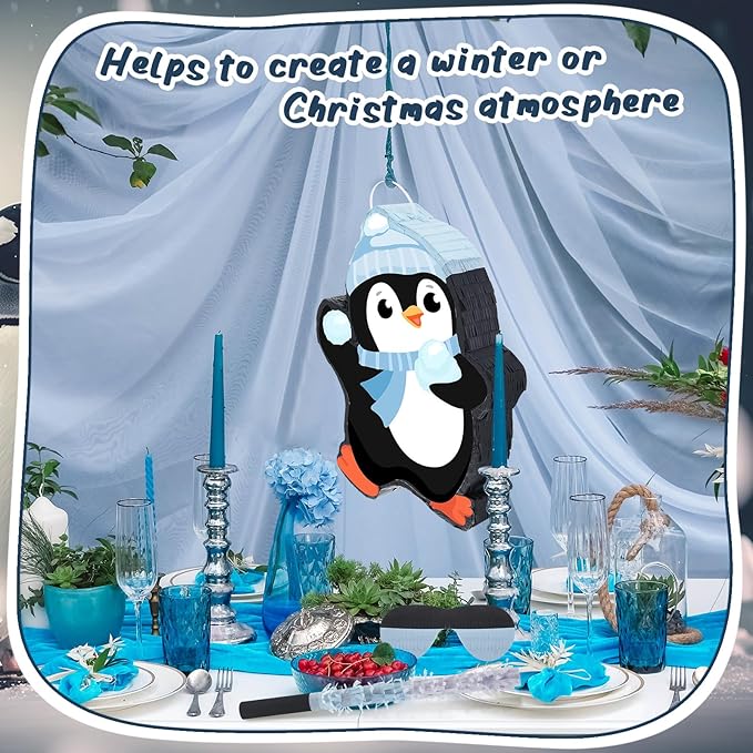 Lewtemi 15.1 Inch Penguin Piñata Penguin Party Favor Supplies Candy Animal Piñata with Stick Confetti and Blindfold Gift for Boy Girl Adults Winter Theme Birthday Party Supplies Decorations (Elegant)