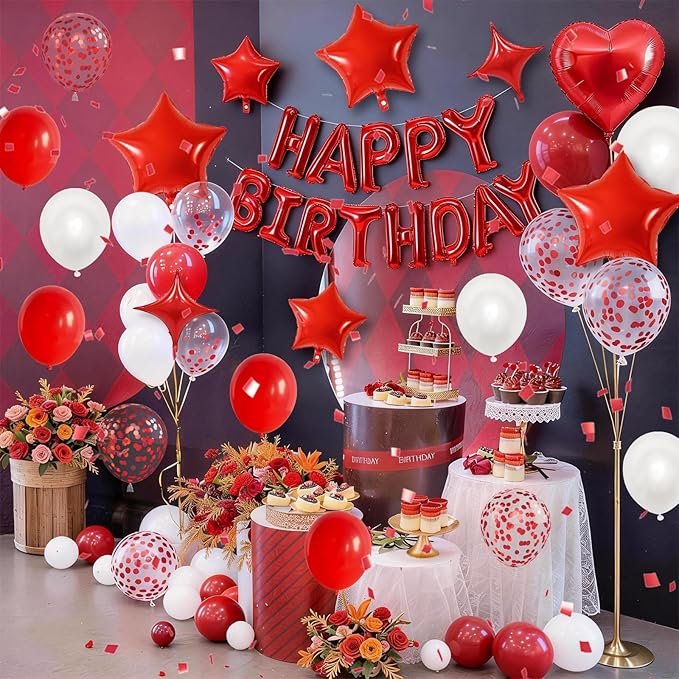 Red White Birthday Decorations for Women Girls Dark Red Metallic Pearl Whte Confetti Party Balloon Happy Birthday Banner Heart Foil Balloons 18/10 Inch Star Balloons for Bday Party Supplies