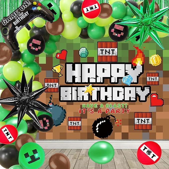 Pixel Game Birthday Party Decorations Supplies, Includes Green Brown Balloon Arch Garland Kit, Backdrop, Controller Foil Balloon, Star foil Balloons for Boys Pixel theme Birthday Party Supplies