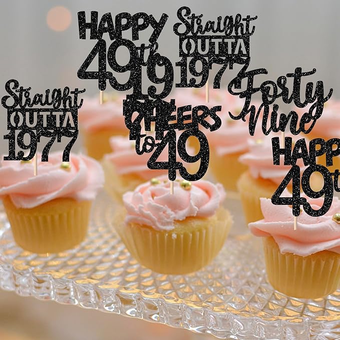 30PCS Black 49th Birthday Cupcake Toppers Glitter Forty Nine Happy 49th Straight Outta 1977 Cupcake Picks for Cheers to 49 Years Birthday Wedding Anniversary Party Cake Decorations Supplies