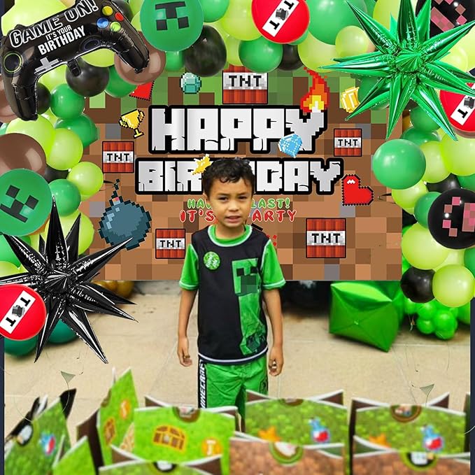 Pixel Game Birthday Party Decorations Supplies, Includes Green Brown Balloon Arch Garland Kit, Backdrop, Controller Foil Balloon, Star foil Balloons for Boys Pixel theme Birthday Party Supplies