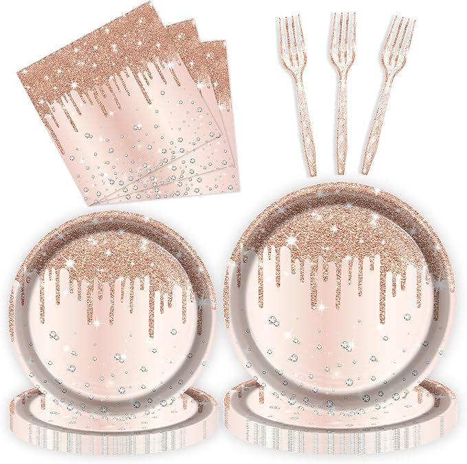 96 Pcs Champagne Silver Plates and Napkins Party Supplies, Disposable Forks Paper Dessert Tableware Glitter Decorations Birthday Table Dinnerware Favors Set, Serves 24