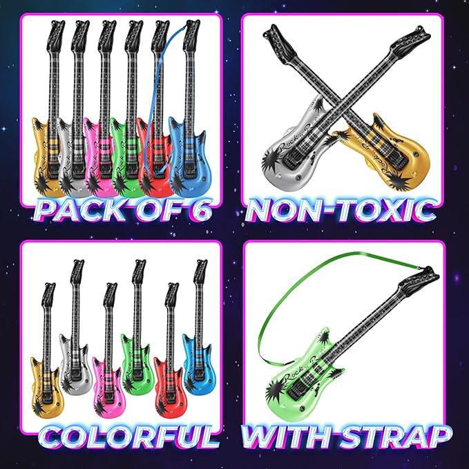 Bedwina Inflatable Guitars - (pack Of 6) 36-inch Colorful Blow Up Guitar With Strap, Party Favors, DJ-props, Photo-booth, Birthdays, Rock Star, Rock And Roll Party Decorations, 80s 90s Party Supplies