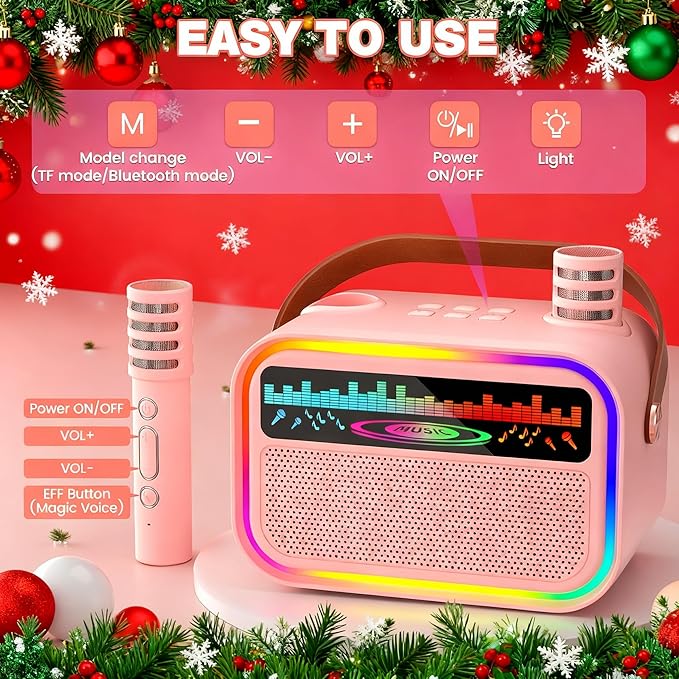 Mini Karaoke Machine Toys for Kids Girls, Tnvee Portable Bluetooth Speaker with 2 Wireless Microphones, Funny Birthday Gifts for Girls Ages 3, 4, 5, 6, 7, 8, 9,10,11,12+ Years Old Toddler - Pink