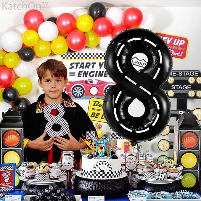 KatchOn, Giant Number 8 Check Balloon - 40 Inch | 8 Construction Balloon Decor | 8th Road Birthday Decorations | Number 8 Road Balloons for 8th Birthday Racing Decorations Boy