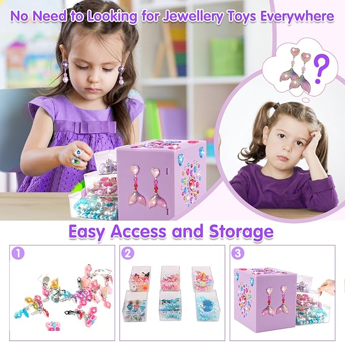 Kids Toys for Ages 5-7 Girls Jewelry Box, Toddler Toys For Girls 8-10, Clip on Earrings Adjustable Rings, Unicorn and Mermaid toy for Pretend Play & Dress up 3 4 5 6 Kids Birthday Christmas Gifts