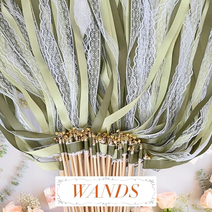 50Pcs Ribbon Sticks Wands Streamers with Bells Silk Fairy Lace Stick Party Ribbon Streamers for Wedding Party, Birthday and Holiday Activities-Green