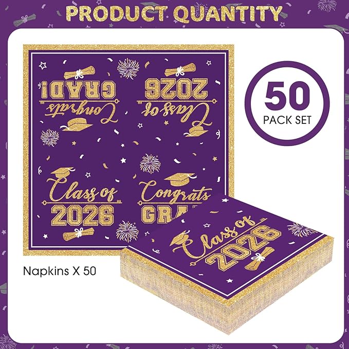 50 Pcs Graduation Napkins Class of 2026 - Purple Gold Congrats Grad Napkins Set, 3-Ply Disposable Graduation Luncheon Dinner Party Paper Napkins for Grad Party Supplies Table Decoration