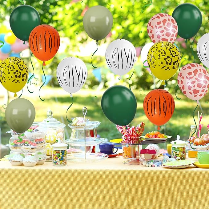 Sage Green & Olive Green Animal Print Safari Balloons - 12 Inch (4 Kinds) for Jungle Safari Theme Party Supplies