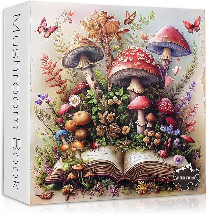 Mushroom Jigsaw Puzzle 1000 Pieces, Magic Book Plant Flower Puzzles Vintage, Challenging for Adults