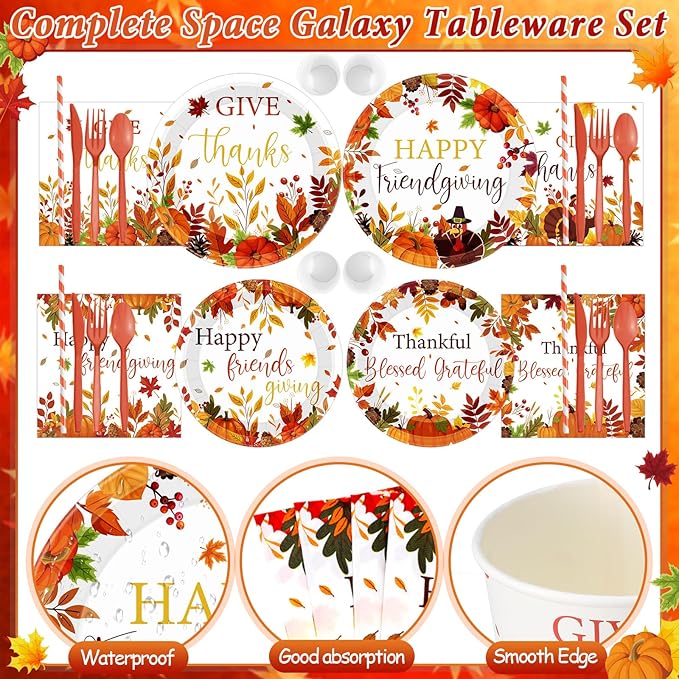 450 Pcs Happy Friendsgiving Tableware Set Decorations, Fall Thanksgiving Pattern Paper Plates Napkins Cups Cutlery Straws for Autumn Harvest Friendsgiving Dinner Party Supplies, Serves 50