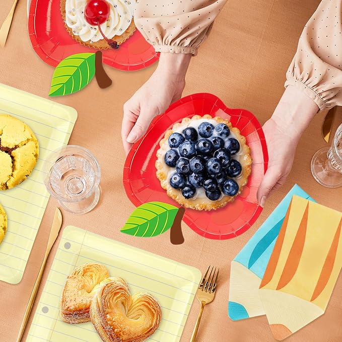 75Pcs Back to School Red Apple & Notebook Paper Plates with Pencil Napkins First Day of School Disposable Tableware Set for Graduation Kindergarten Preschool Party Supplies Table Decor, Serves 25