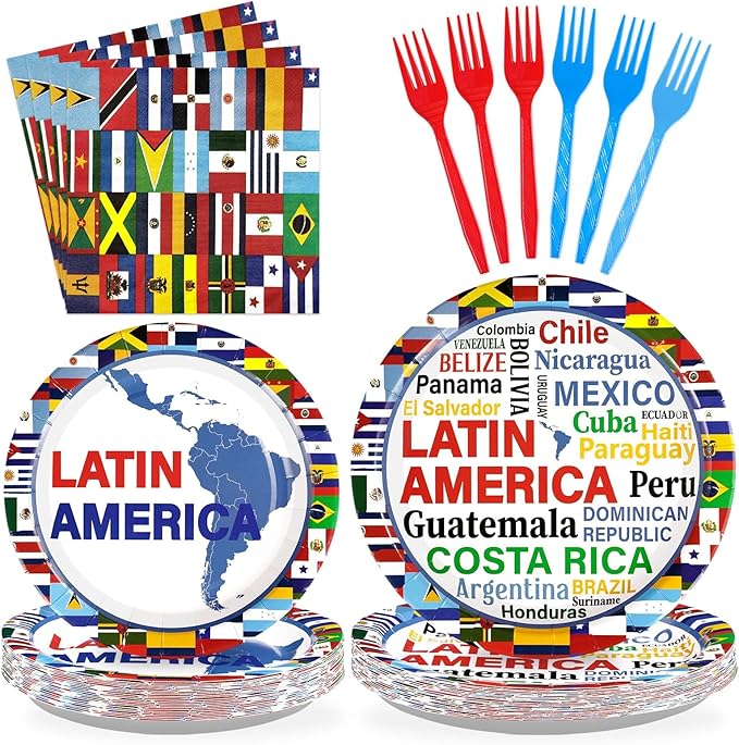 96Pcs Hispanic Heritage Month Decorations Latin America Countries String Flags Plates and Napkins Countries Flags Themed Tableware Favors for Latin Cultural Sports Events Party Supplies Serves 24