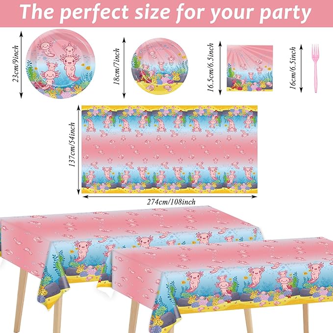 chiazllta 24 Guests Pink Axolotl Party Decoration Axolotl Birthday Party Supplies Favors Reptile Animals Tableware Set Disposable Plates Napkin Tablecloths for Axolotl Girl Decor 98 pcs