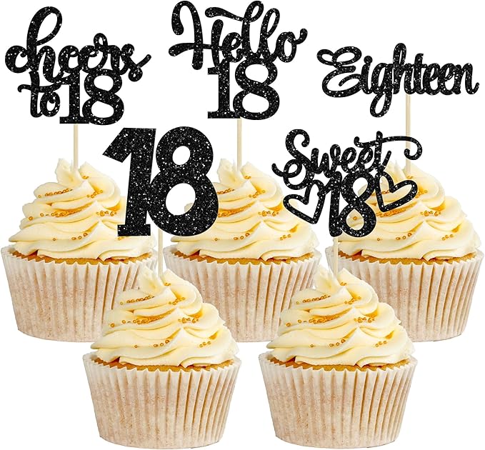 30Pcs18th Birthday Cupcake Toppers Eighteen Happy 18th Cupcake Picks Sweet 18 Cheers to 18 Cake Decorations for 18th Birthday Anniversary Party Supplies Black Glitter