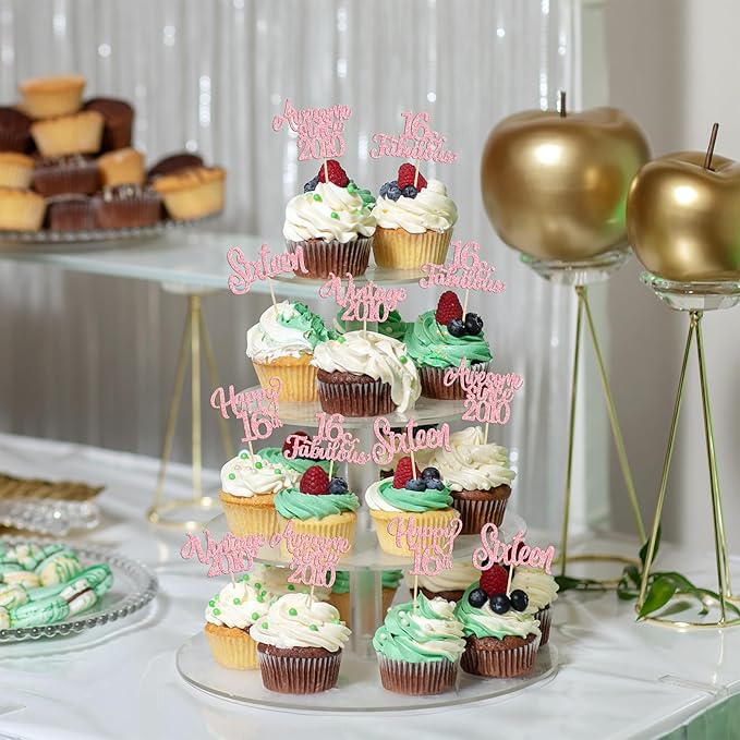 Ephlyn 30Pcs Vintage 2010 Cupcake Toppers Glitter Sixteen Happy 16th Birthday 16 Fabulous Cupcake Picks Cheers to 16 Years for 16th Birthday Wedding Anniversary Party Cake Decorations Supplies Pink