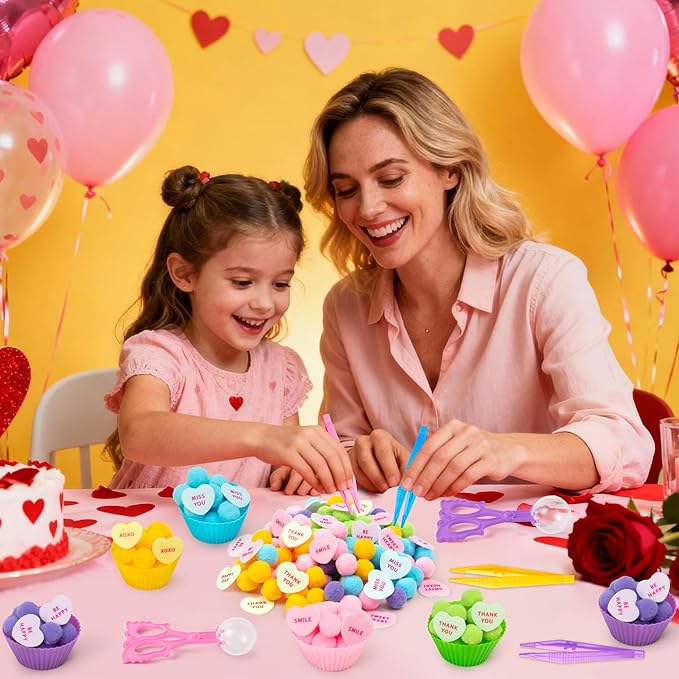EZdhuawuse Spring Sensory Bin Fillers - 268P Fine Motor Toy Counting Sorting Set for Kid Birthday Easter Gift, Felt Phrases Heart Colorful Pom Poms Cup Clip for Preschool Education Activities