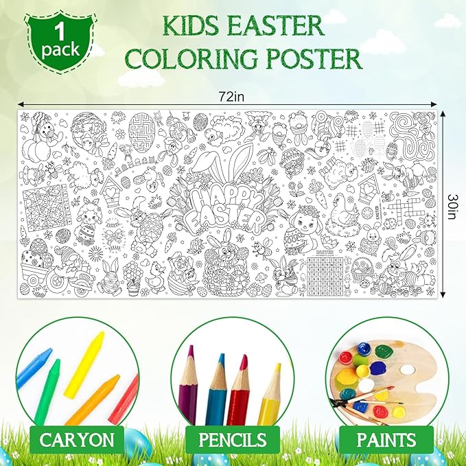Easter Large Coloring Poster for Kids, Happy Jumbo Coloring Paper Tablecloth, Bunny Eggs Color-in Craft Activities for School Classroom Home Party Supplies Decorations, 30 x 72 Inch