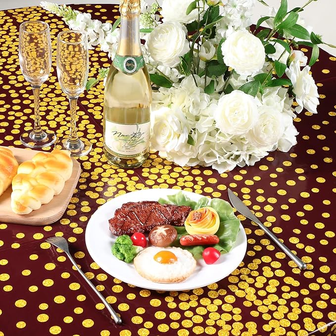 VitalCozy Round Dot Tablecloth 84 Inch Plastic Table Cover Polka Dot Confetti Tablecloths for Easter 2026 Graduation Prom Wedding Birthday Spring Party Supplies(Maroon and Gold,3 Pcs)