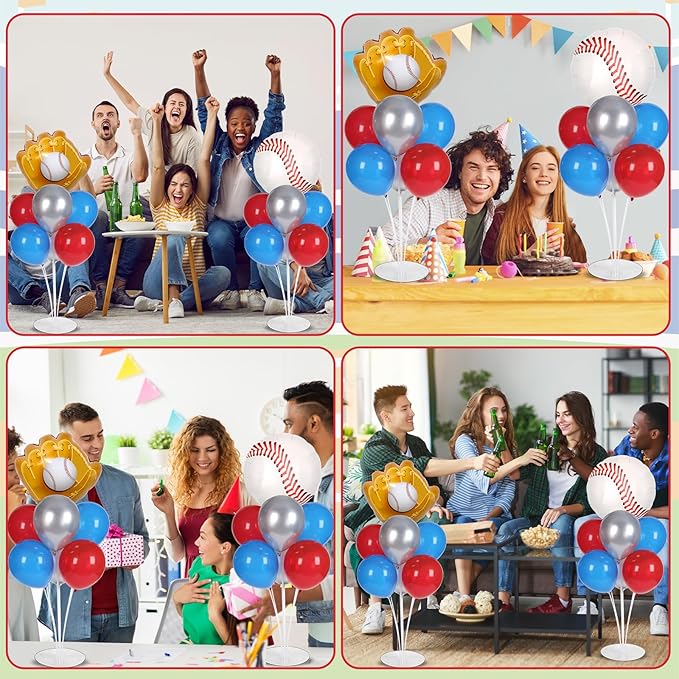 Baseball party Balloons Stand Kit 2 Sets with 2 Baseball Glove Foil Balloons Red Blue Silver Themed Party Balloon Centerpiece for Tables for Men Boys Game Sports Rookie Year 1st Birthday decorations