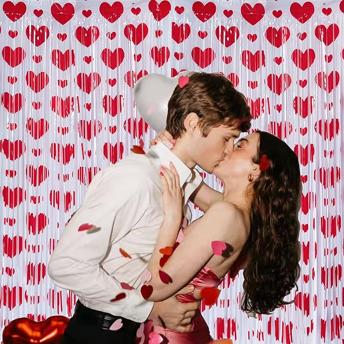 Heart Tinsel Foil Fringe Curtain, Valentines Party Decoration, 2-Pack Red Heart Shape Foil Fringe Curtain Valentines Tassel Streamer Photo Backdrop for Birthday Wedding Engagement Baby Shower
