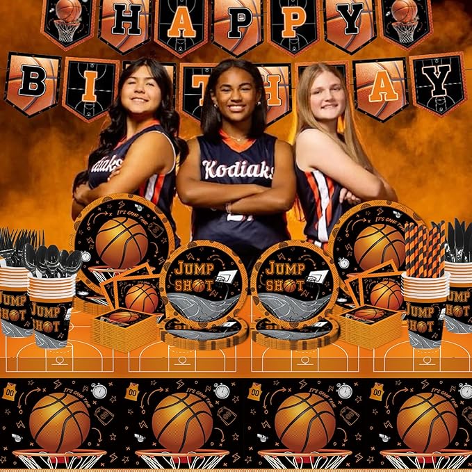 MEHOFOND 194pcs Basketball Party Plates and Napkins Set Birthday Party Decorations Sports Party Supplies Basketball Tableware with Tablecloth Banner for Boy Birthday Party Decor