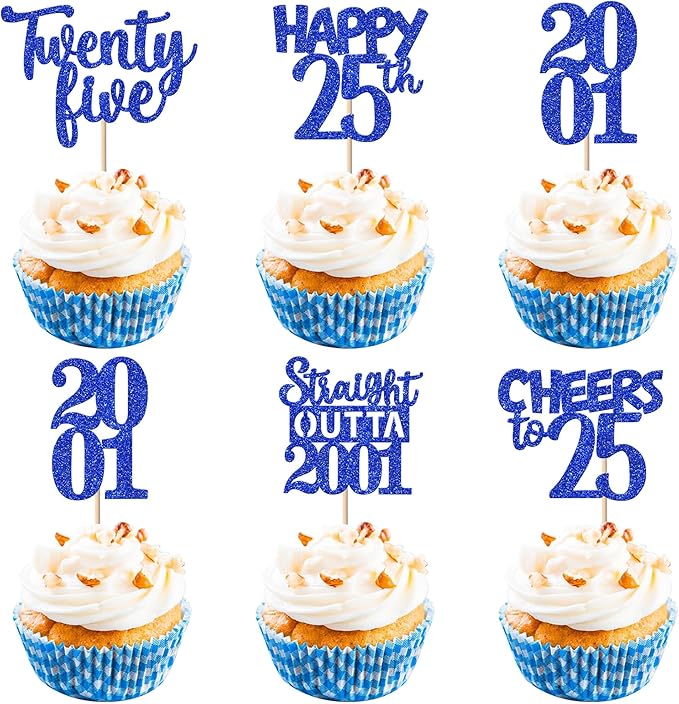 30 PCS 25th Birthday Cupcake Toppers Glitter Twenty Five Happy 25 Straight Outta 2001 Cupcake Picks for Cheers to 25 Fabulous 25th Birthday Anniversary Party Cake Decorations Supplier Blue