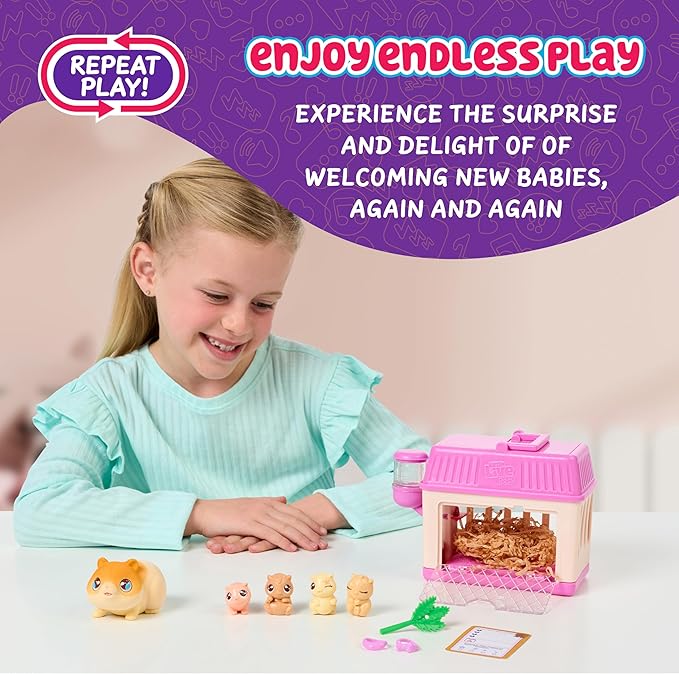 Little Live Pets Hamster Mini Interactive Toy Set, Hutch Animal Playset with 3 Surprise Babies, 20+ Sounds, Hamster Must-Haves for Ages 3+