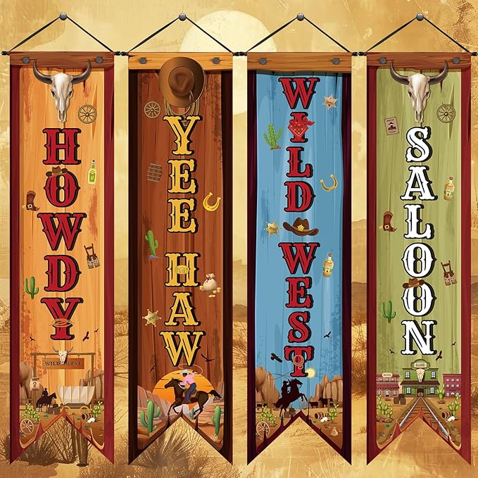 4 Western Party Decorations Cowboy Banners Wild West Hanging Decor Howdy Yes Haw Porch Sign Backdrops for Indoor Outdoor Cowboy Birthday Photo Props Wedding Party Supplies (Wild)