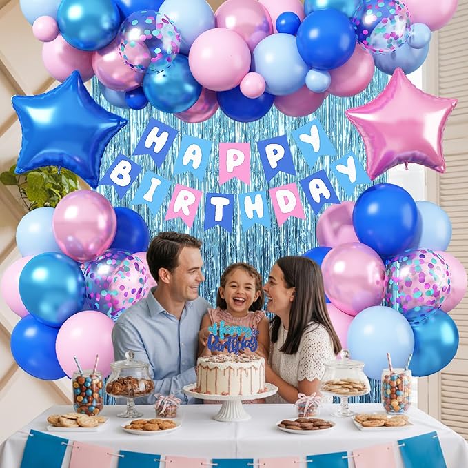 Pink and Blue Birthday Decorations, Royal Light Blue Pink Metallic Purple Confetti Latex Foil Balloons Happy Birthday Banner Fringe Curtain for Boys Girls Wedding Baby Shower Party Decoration Supplies