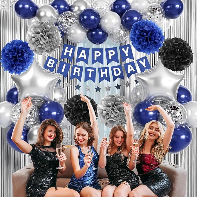 Blue and Silver Birthday Decorations for Men Boys, Navy Royal Blue Silver Party Balloons Happy Birthday Banner Pom Poms Fringe Curtain for Bday Party Supplies