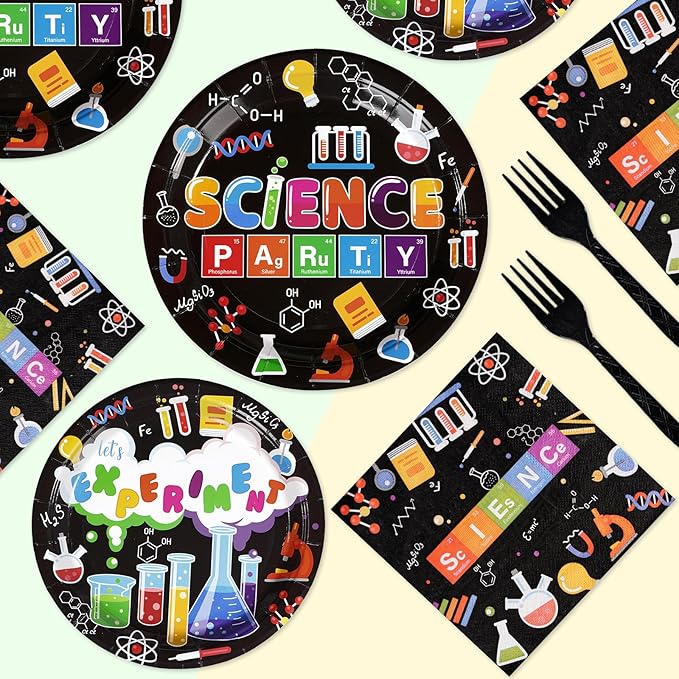 Grencian 96 Pcs Science Party Supplies 350 GSM Science Plates and Napkins Disposable Tableware Set Mad Scientist Dinnerware for Kids Little Scientist Decoration Favors Serves 24