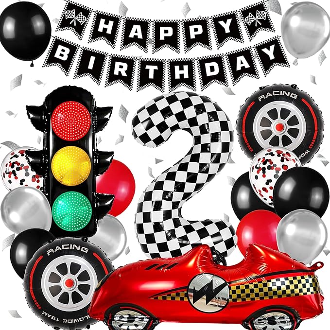 Race Car Birthday Party Decorations, with 40 Inch Number 2 Balloon, Happy Birthday Banner, Traffic Light and Foil Tire Balloon for 2nd Car Themed Birthday Party Supplies