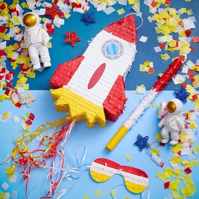 Space Piñatas for Birthday Party Rocket Piñata with Stick, Blindfold, Confetti for Adults Birthday Baby Shower Party Supplies