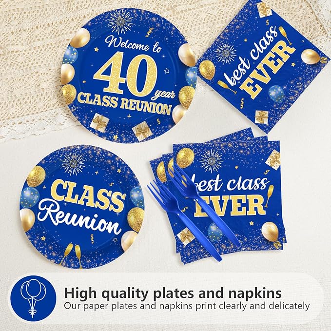 96Pcs 40th Class Reunion Decorations Happy 40th Anniversary Plates and Napkins Blue Gold Welcome Back Tableware Set for Class Reunion Welcome Back 40 Years Classmate Party Supplies Serves 24