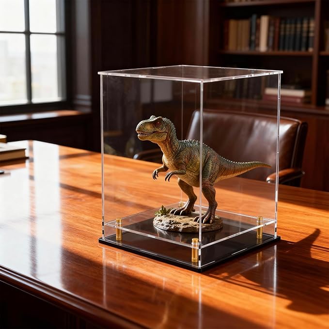 Acrylic Display Case for Collectibles, Dustproof Acrylic Box with Clear Display Elevation & Gold Risers, Large Display Case for Figures Toys Memorabilia, 9" L x 9" W x 13" H